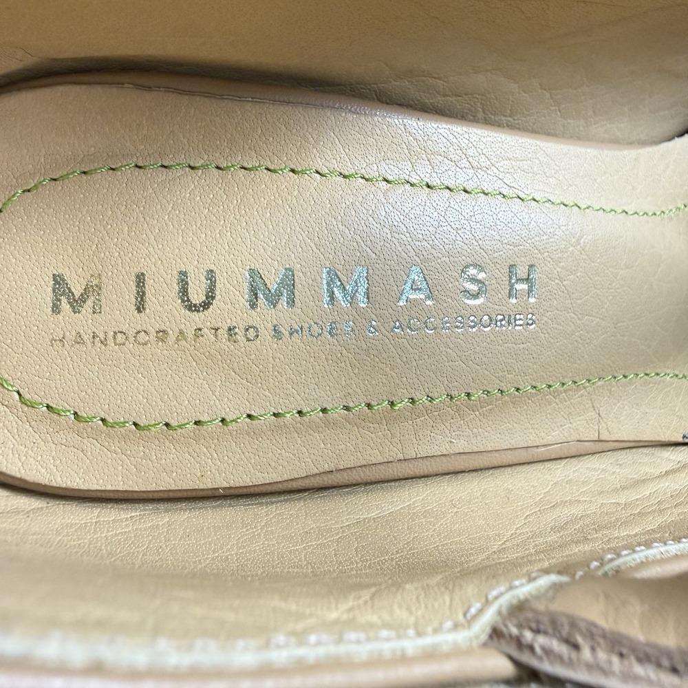 MIUMMASH Women's Tan 3" Leather Heel T Strap Size 37 Hard Sole Rubber Bottom - Picture 6 of 8